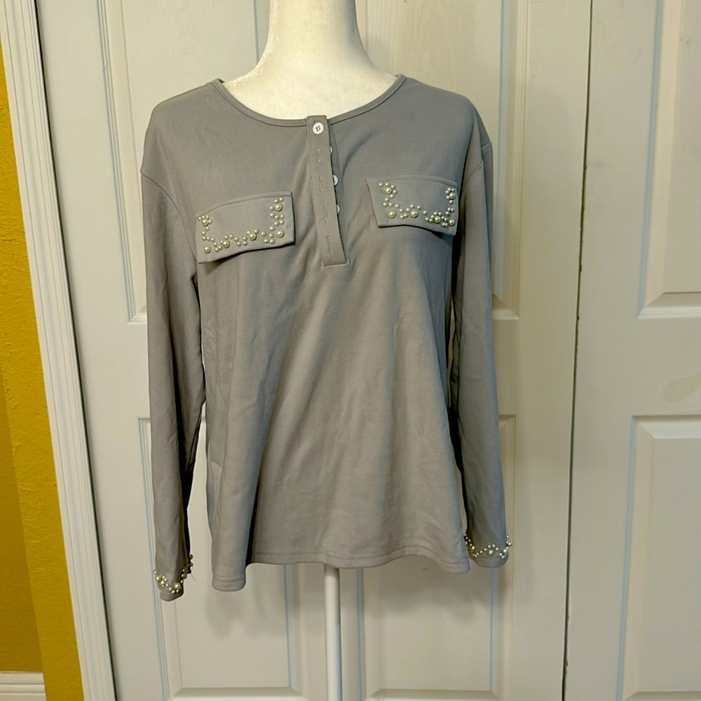 Gray sweater with matching pants with pearls throughout